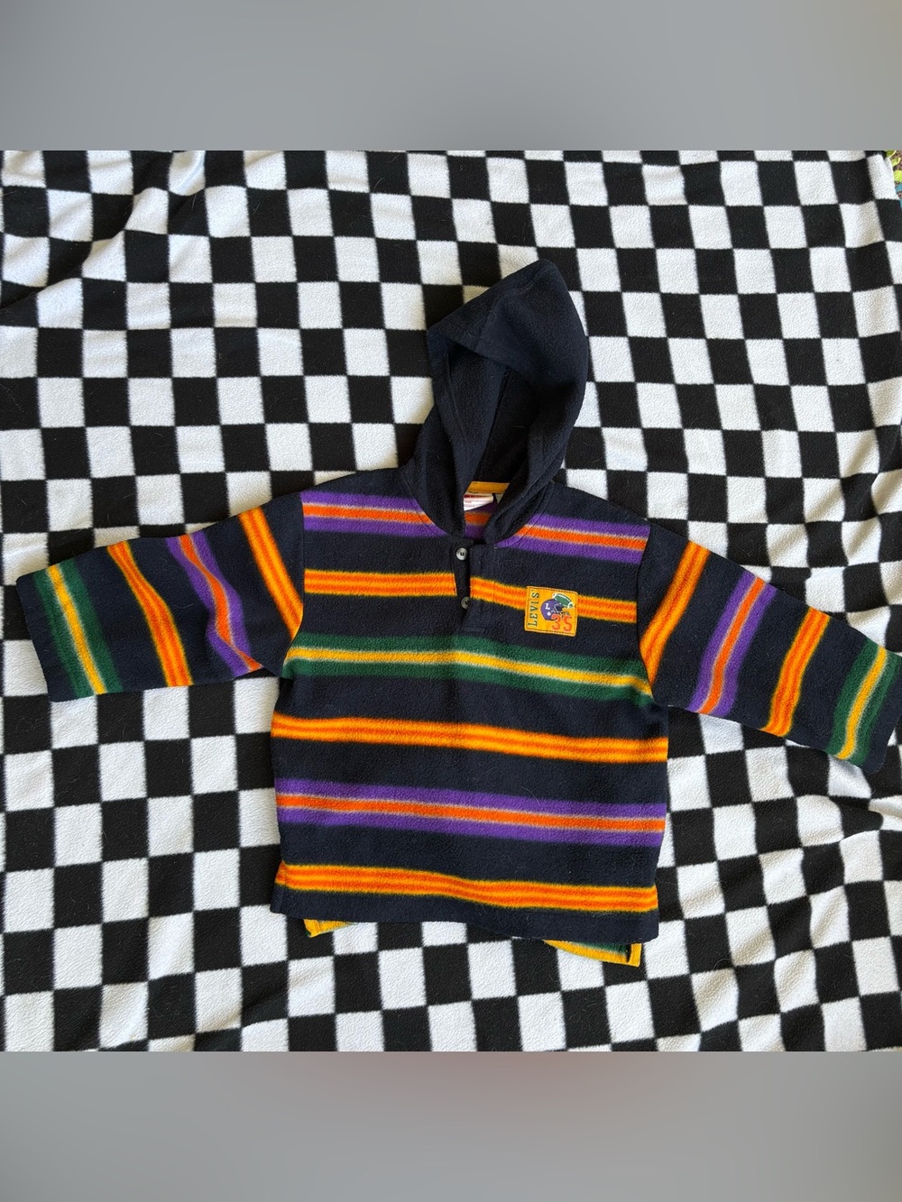Vintage Little Levi’s Kids Fleece Hoodie Striped Pullover Football Patch 90s
